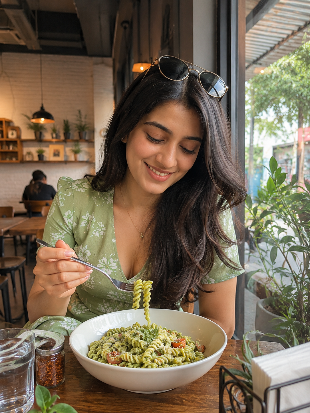 Photo by Mira Chopra — Pesto pasta so fresh it tasted like spring in a bowl 🌿🍝