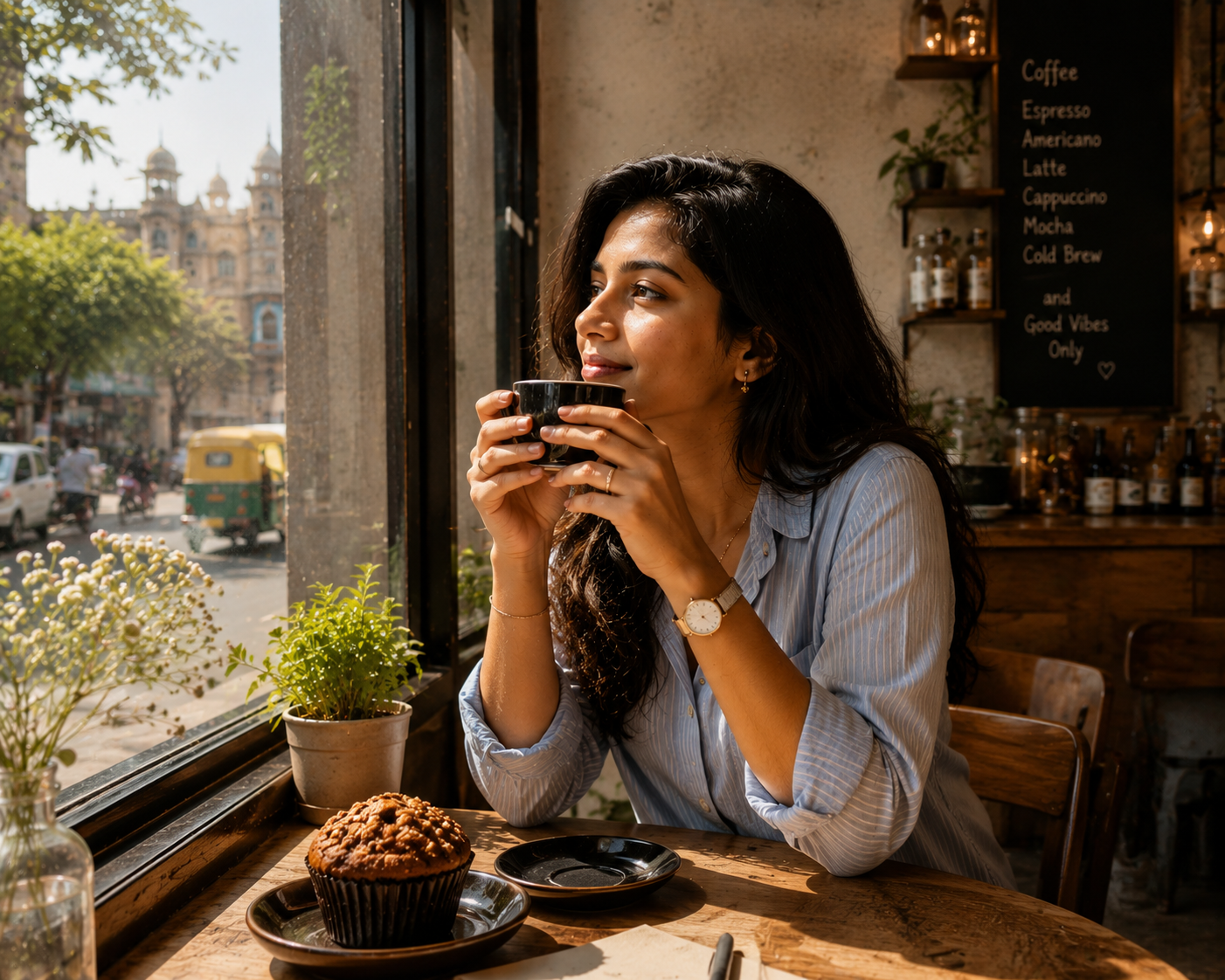 Photo by Sneha Iyer — Morning ritual — muffin + espresso + window seat. Life is good 💙